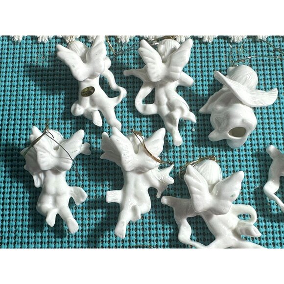 Porcelain Cherub Angel Christmas Ornaments Set White Hanging - Picture 2 of 11
